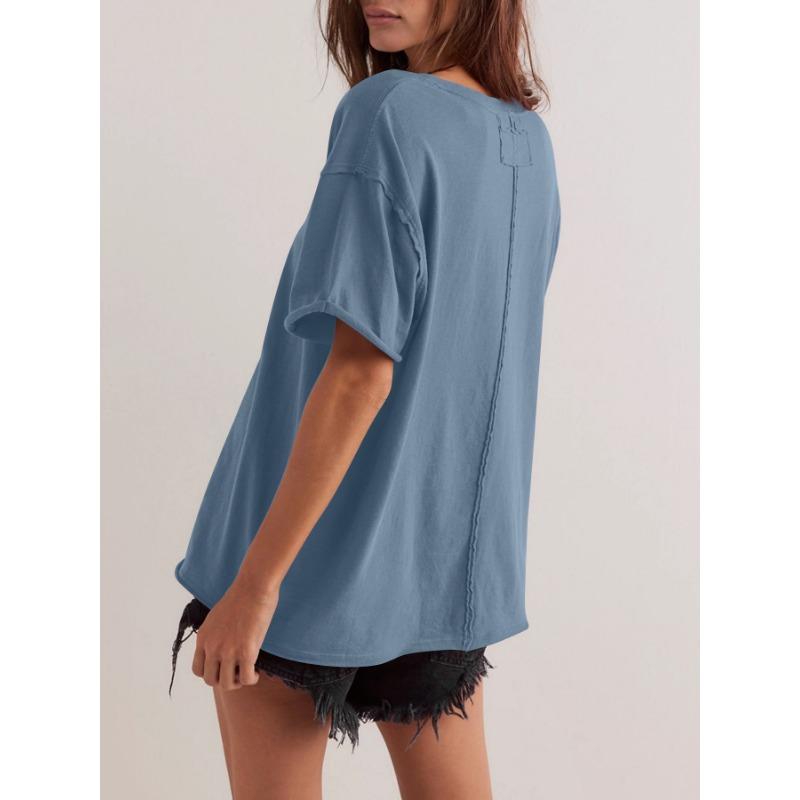 Summer Loose and Casual Cotton Solid Color Round Neck Short-sleeved Raw Edge T-shirt