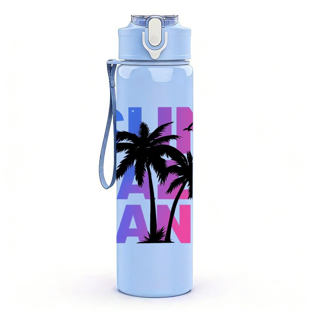 1PC Sun Sand Palm Tree Text Graphic 750ml Color Plastic Sports Water Bottle Leakproof Flip Straw Lid Suitable for Sports Office Home Use