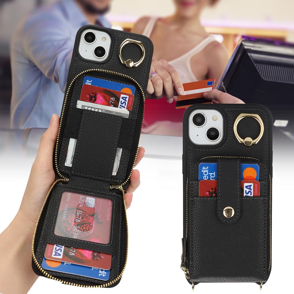 Applicable To iPhone17 Mobile Phone Case 16Pro Lychee Pattern Zipper Change Bag Insert Card Ring Buckle Diagonal Span Protective Case