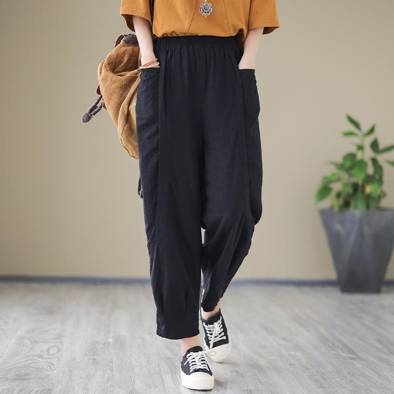 

Великий розмір товсті мм ретро бавовняні та лляні штани Харлан жіночі прості літературні та художні фанат однотонні еластична талія дев ятиточкові шнуровані повсякденні Large size 2XL чорний