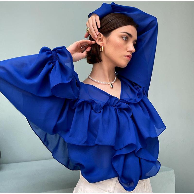 

Ruffles Flare Sleeve V-neck Women Blouses Elegant Chiffon Loose Blue Office Ladies Blouse 2023 New Spring Summer Chic Lady Tops L синій