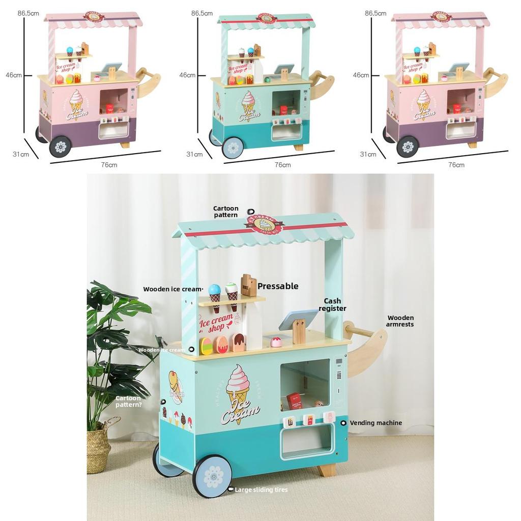 Wooden Ice Cream Shop Playset With Cash Register For Kids Pretend Market Toy