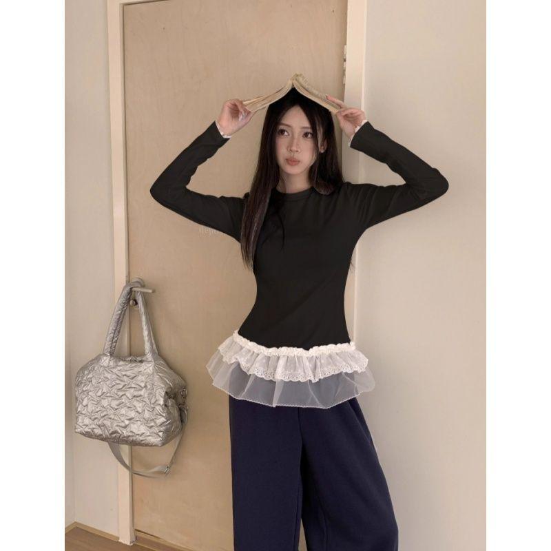 270g German Velvet Korean Lace Patchwork Round Neck Long Sleeve T-shirt - Slimming & Flattering Autumn/Winter Top