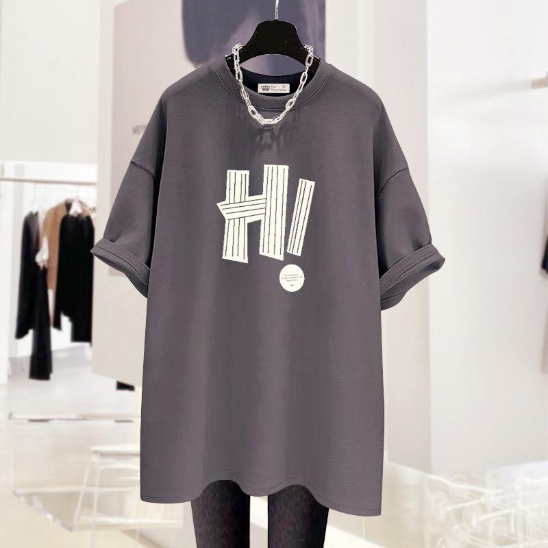 Neuer Sommer Koreanischer Stil Hong Kong Stil Design Buchstaben Trendige Große Version Locker Grau Kurzarm T-Shirt für Damen Mittellang