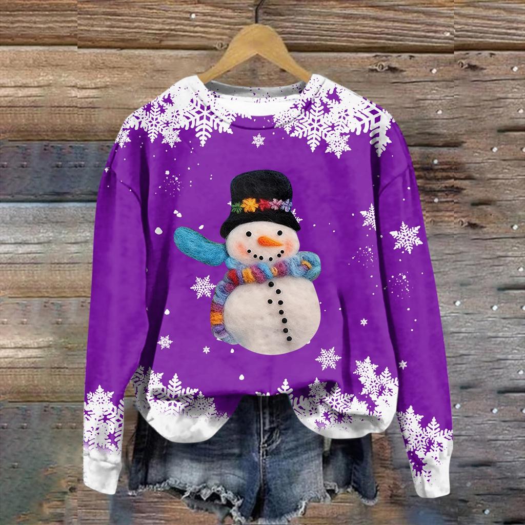 Women's Fashion Christmas Printed Long Sleeve Loose Round Neck Sweatshirt Top