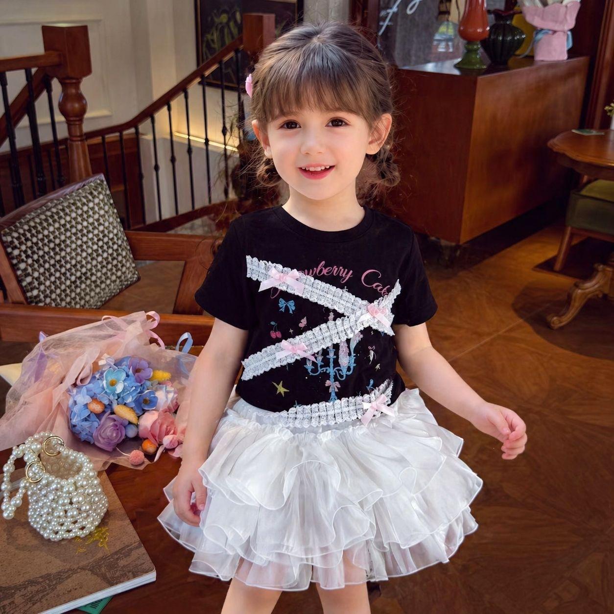 Girls Summer Cotton Short Sleeve T Shirt with Lace Trim Cute and Stylish 90