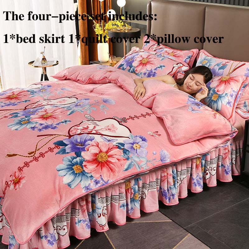 Milk Velvet Four-piece Suit Plus Velvet Thickening Soft Skin-friendly Bedding Double-sided Velvet Bed Skirt Is Resistant To Dirty Winter
