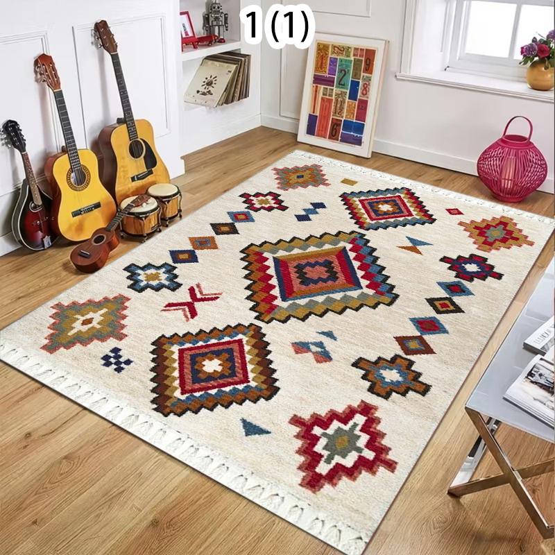 Ethnic Style Diamond Color Block Pattern Area Rug with Tassels Retro Fashion Non-Slip Floor Mat for Living Rooms Bedrooms