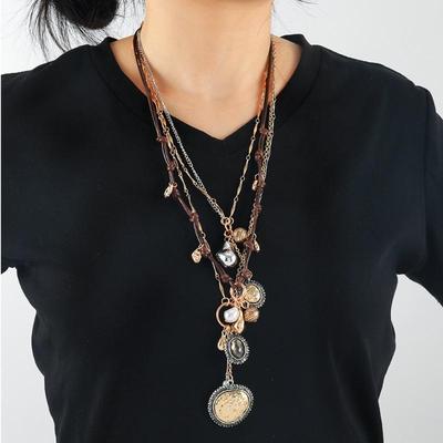 Bohemian Style Multi-Layer Rope Chains Metal Round Coin Badge Pendant Necklaces For Women Holiday Party Jewelry Neck Accessories