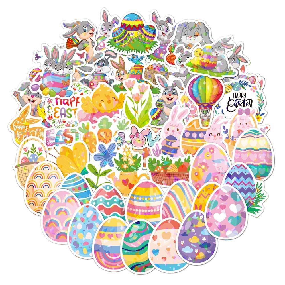 50/100PCS Multicolor Cartoon Rabbit Stickers Vinyl Holographic Glisten Easter Egg Decals Waterproof Self-adhesive