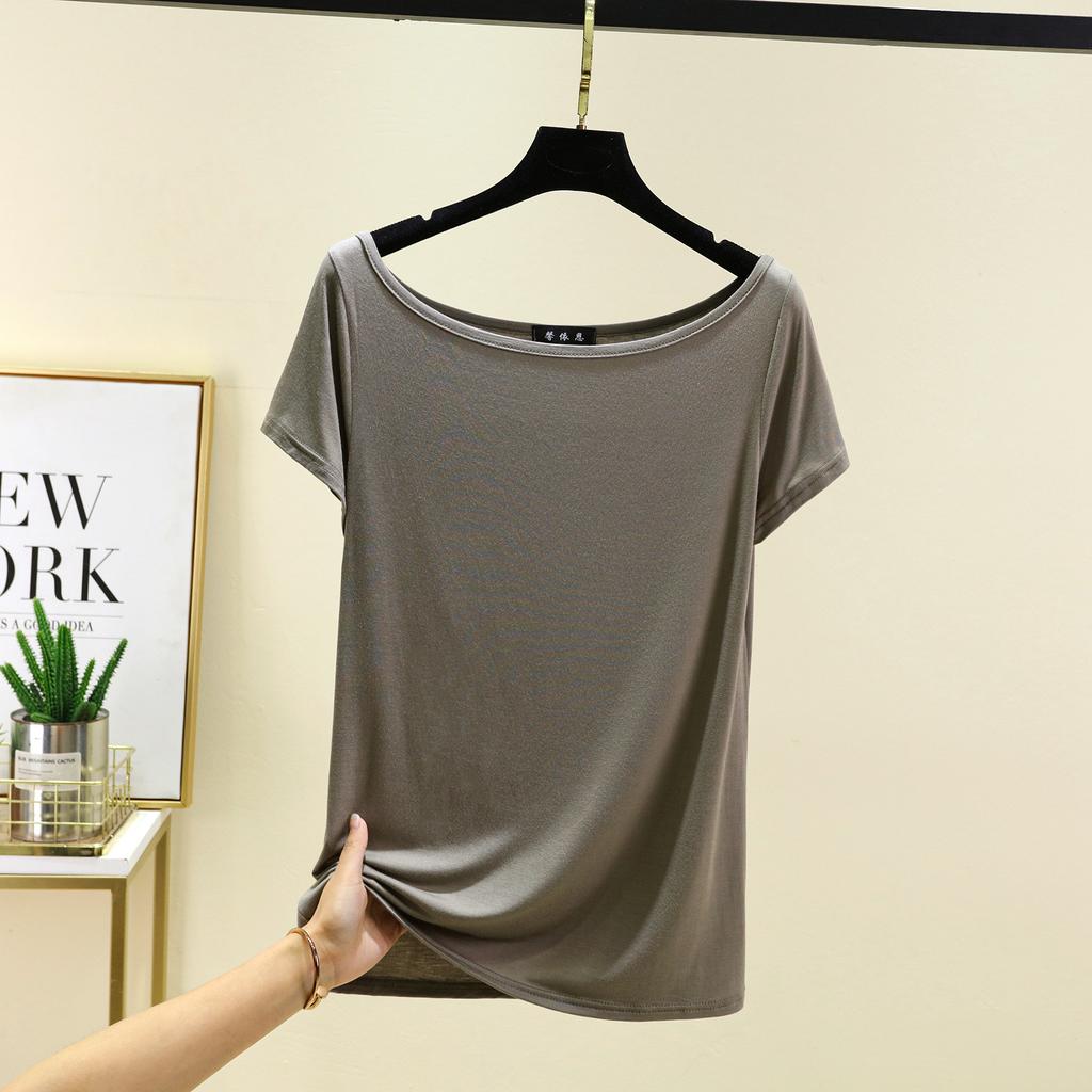 Dámské modální tričko s krátkým rukávem a odhalenými zády, lodičkovým výstřihem a odhalenými rameny, jednobarevné, volná základní vrstva, top pro větší velikosti, jednoduchá trička