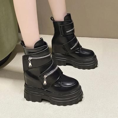Mode Damen Leder Stiefeletten Herbst Winter 11CM Absätze Sneakers Runde Zehen Kurze Stiefel Frau Reißverschluss Motorrad Plateau Botas 2024