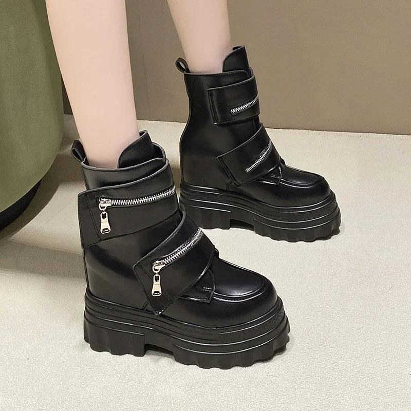 Fashion Women's Leather Ankle Boots Autumn Winter 11CM Heels Sneakers Round Toe Short Boots Woman Zip Motorcycle Platform Botas 2024