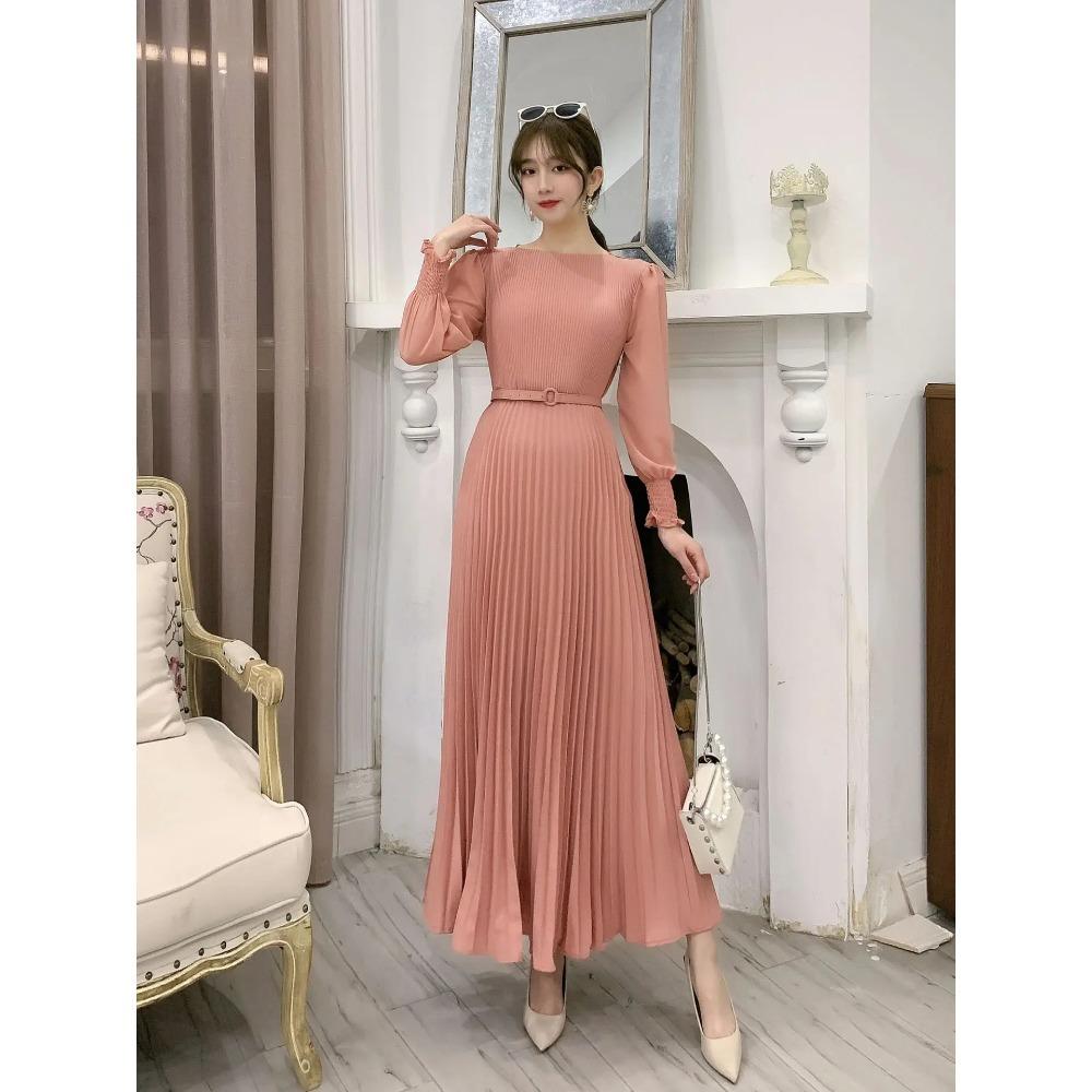 Women Slim Pleated Maxi Dress with Belt Female Streetwear Vintage Dress Tie Front Dress  Robe