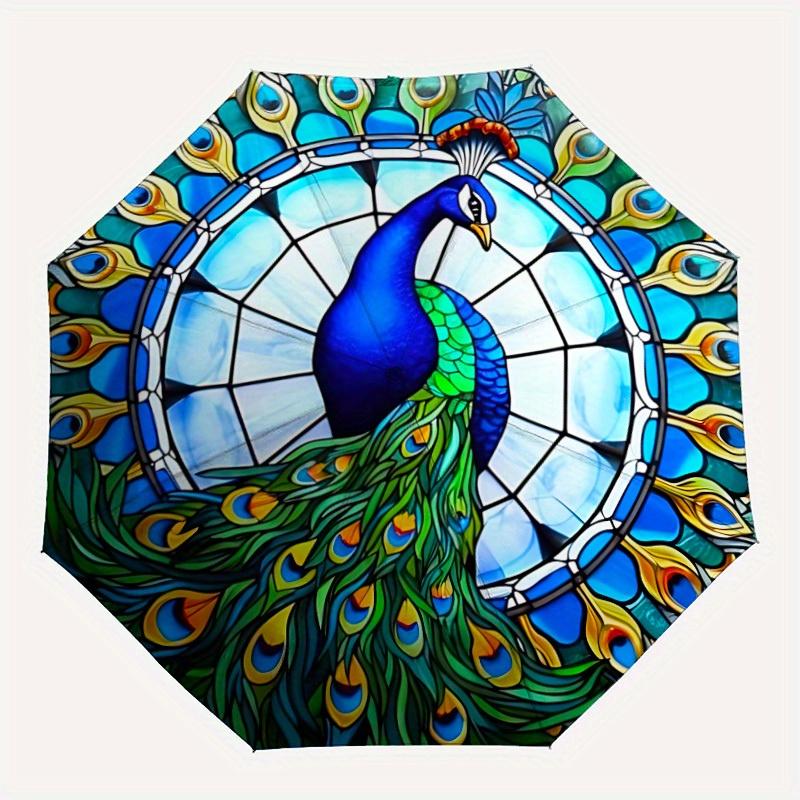 

1pc Peacock StainedGlass Automatic Open/close, Heavy-Duty Iron Frame & 8-Rib structure, Compact Folding Umbrella for Women/Men, All-Season Travel, Hal