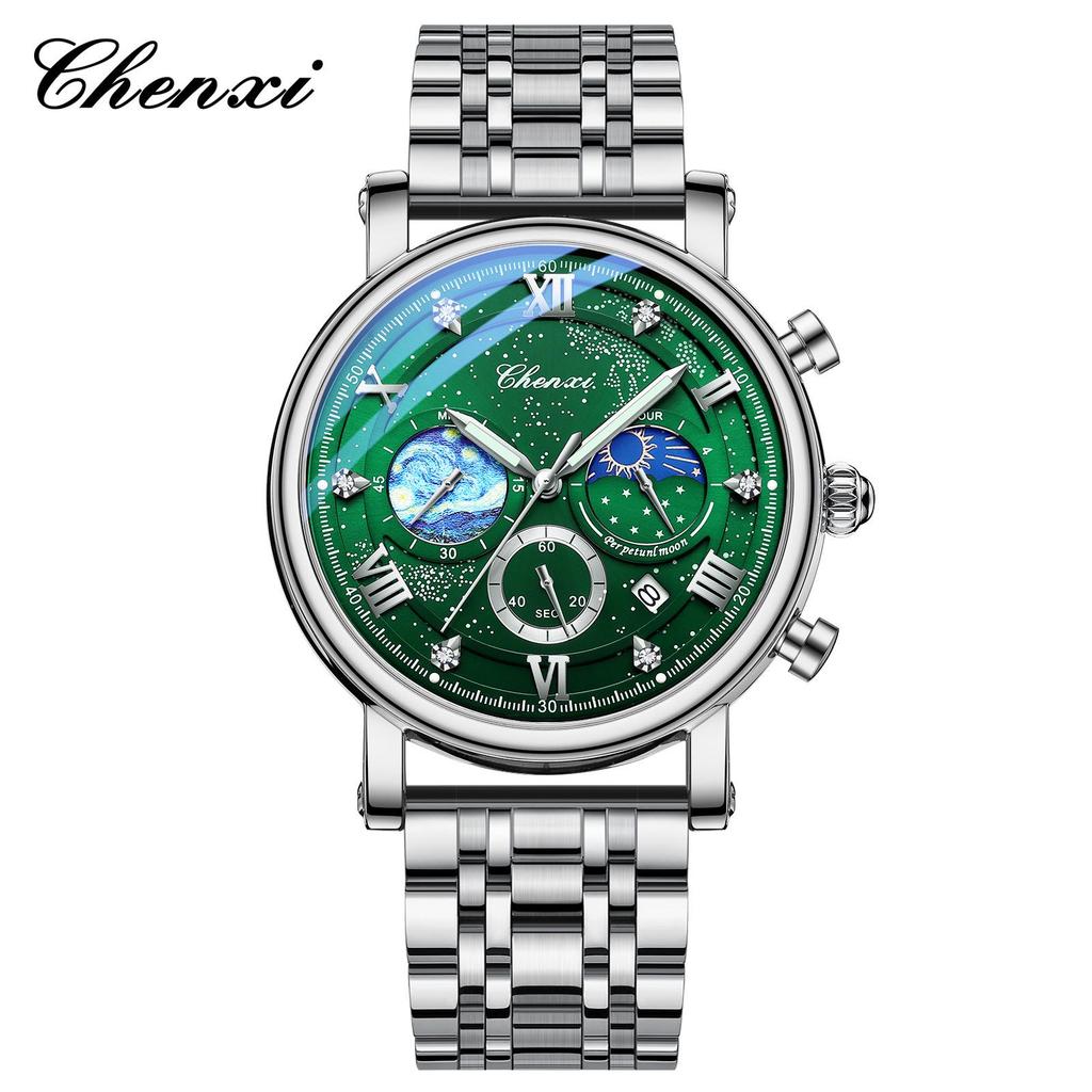 Dawn Sun Moon Stars Multifunctional Men's Quartz Watch with Luminous Moon Phase Chronograph