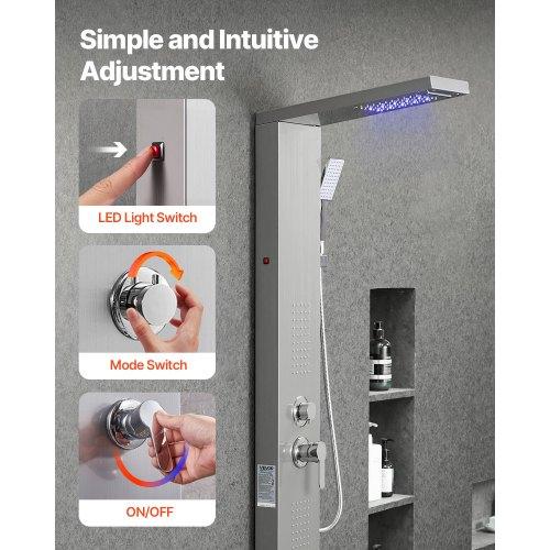 VEVOR Shower Panel Tower System with Rainfall Waterfall Shower Head, LED, 53 In Brushed Stainless Steel Shower Column, 5-Function Faucet