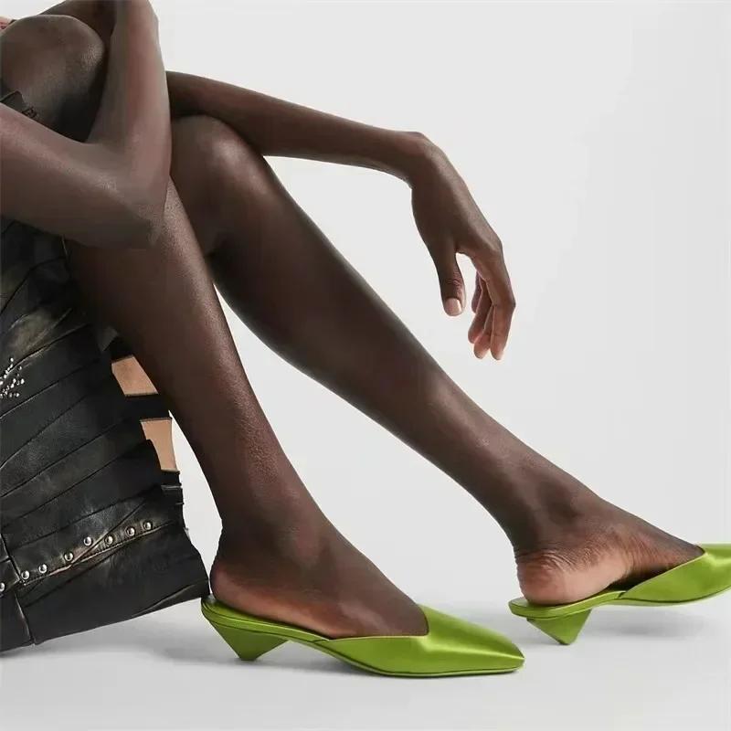 Fashion Luxury Satin Sandals Women Summer Sexy Square Head Strange Low Heel Slide Sandals Chunky Heel Elegant Design Mule Slippers Women