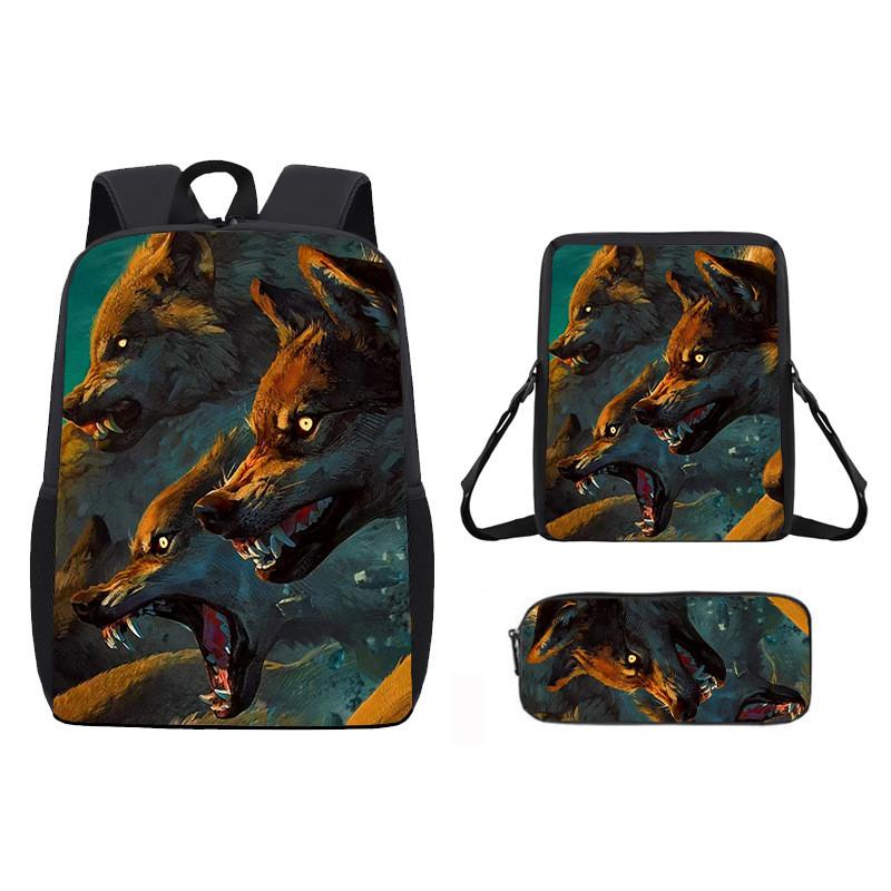 Pattern Animal Wolf Backpack Kids Shoulder Bag Pencil Case Student Use School
