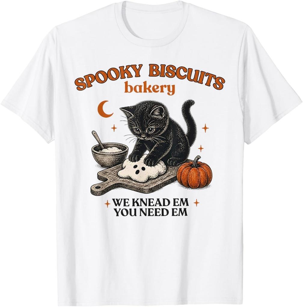 Spooky Biscuits Bakery Funny Black Cat Halloween Pumpkin T-Shirt