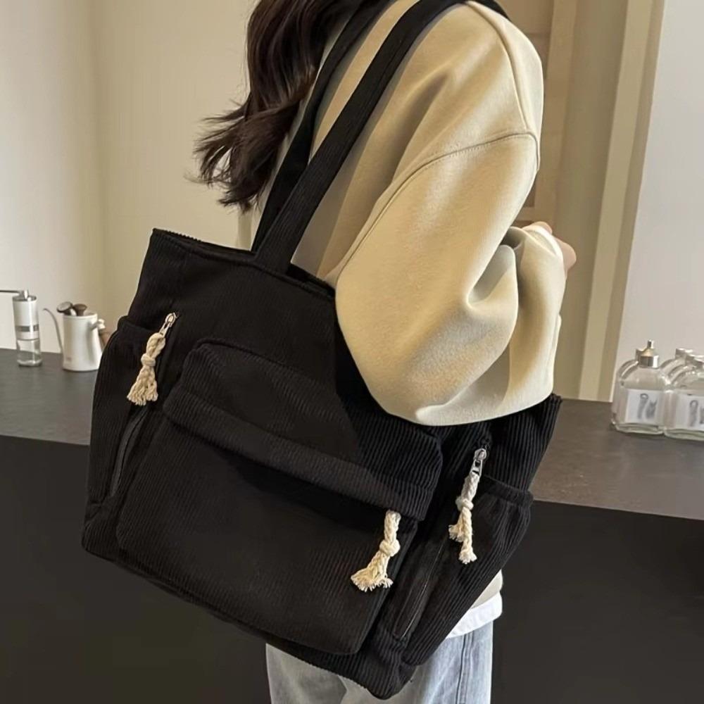 Corduroy Work Shoulder Bag Large Capacity Casual Tote Bag Handbags Solid Color with Multiple Pocket Crossbody Bag For Women
