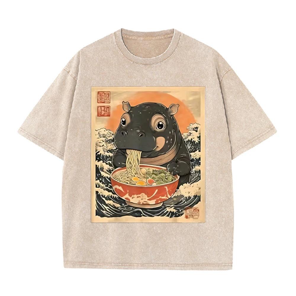 2026 Hippo Eating Ramen Ukiyoe T Shirt Vintage Washed Beige Graphic Tee Unisex Casual Japanese Top