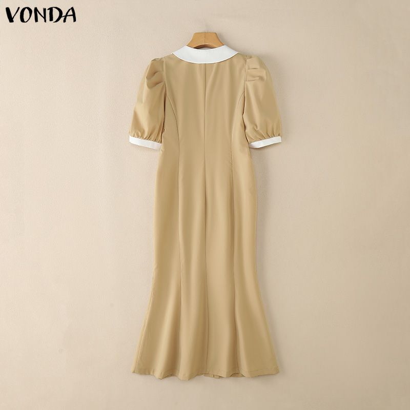 VONDA Elegant Women Lapel Neck Casual Puff Sleeve Nonelastic Fishtail Long Dress