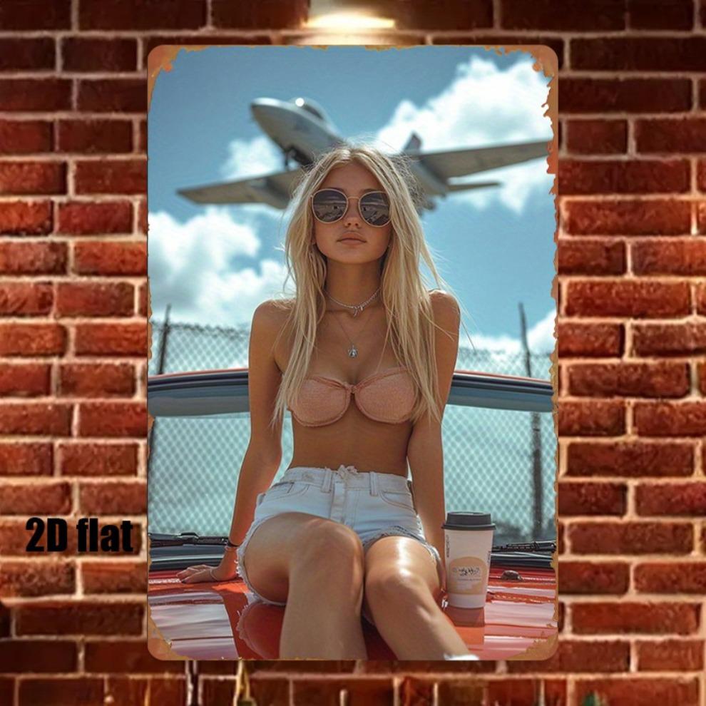 Vintage Aviation Metal Wall Art 8x12 Inch, Retro Plane & Bikini Girl Poster, Easy To Hang Iron Decor for Bedroom Living Room Hom