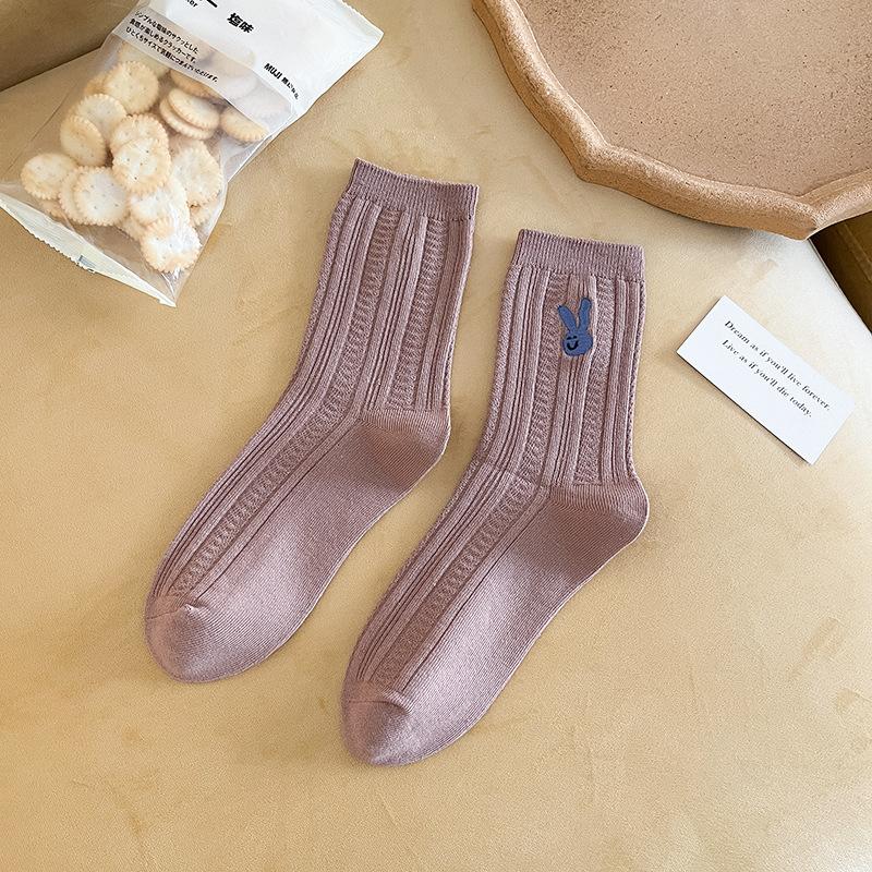 Female Spring and Autumn Solid Color Striped Bunny Embroidery Boneless Drum Pile Pile Socks