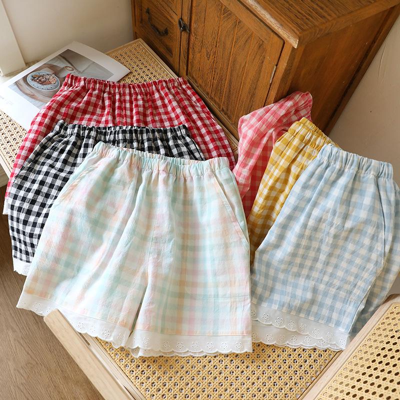 2026 Neue Damen Sommer-Schlafanzüge 100% Baumwoll-Musselin Karomuster Spitze Spleißshorts Dünn, Einfach und Niedlich Hausanzughose