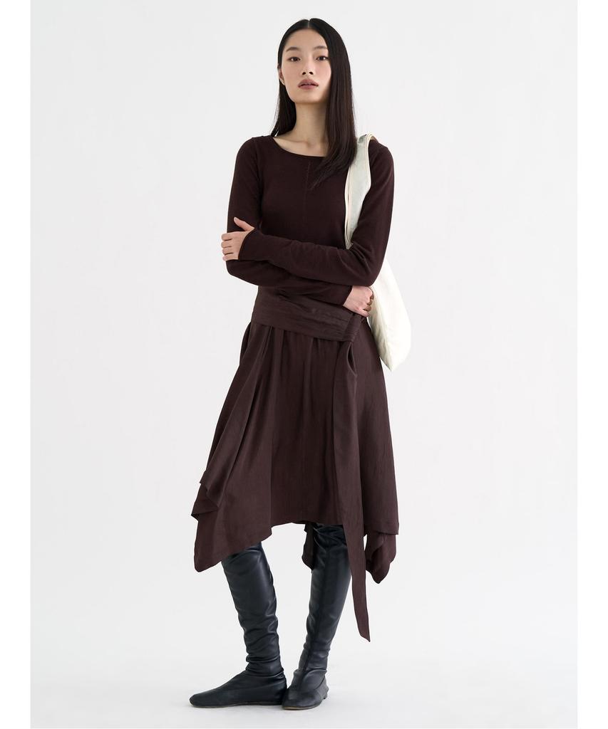 Anggae Unbalanced Satin Skirt Brown