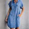 Damen Slim Fit Denim Hemdblusenkleid - Kurzärmliges Button-Down Midi-Kleid mit Taschen, Lässiges Dehnbares Jeanskleid für Sommer, Frühling