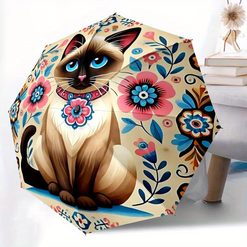 1pc Floral Cat Automatic Open/close, All-Season Portable Folding Umbrella, Travel, Everyday, Formal Events - Compact Luxury Parasol, Outdoor Accessory