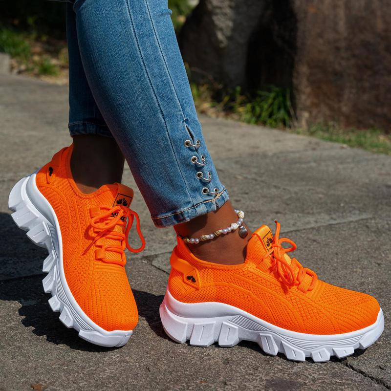 Spring Women Shoes Orange Sneakers Woman Knitted Shoes Breathable Mesh Ladies Casual Shoes Platform Lace-up Soft Thick Sole