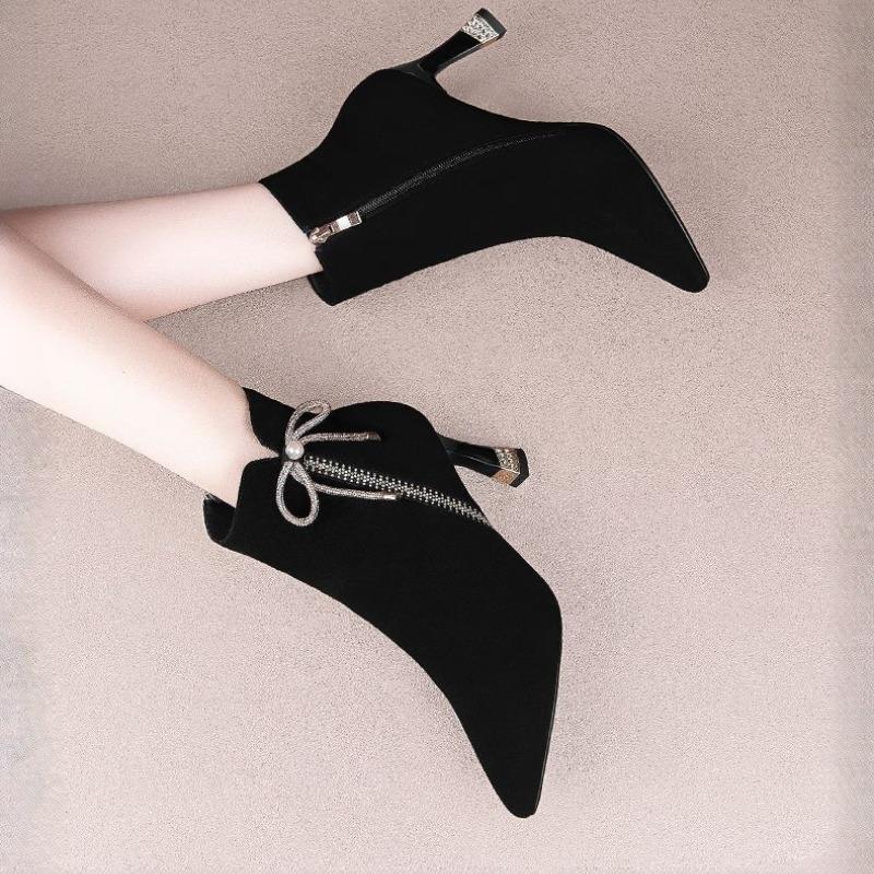 2024 Brand Shoes for Women Zipper Winter Women's Boots Pointed Toe Flock Plush Butterfly-knot Sequins High Heels Fashion Boots