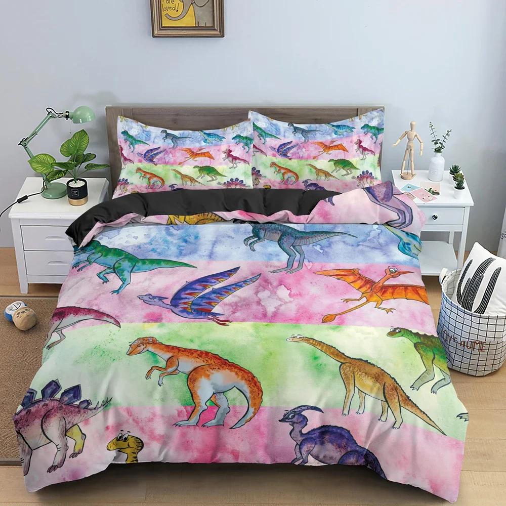 Cartoon Dinosaur Pattern Animal Comfortable Duvet Quilt Cover Pillowcase Bedding Set Children Bedroom Decoration Home Textile