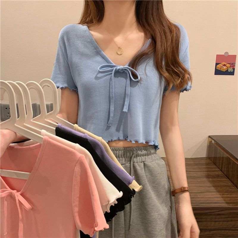 Summer French Style Niche Bow Tie Tie with Black Fungus Edge Short Knitted Sweater Women's Blue Short Top
