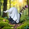 Exquisite Craftsmanship Resin Art Halloween Ghost Decoration, Holding Pumpkin Figurine with Witch Adorable Set Hat, Spooky Cute Tabletop Decor