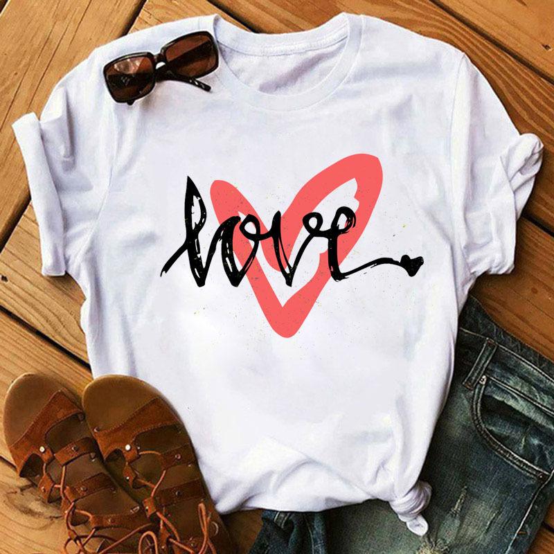 Summer Love Love Printed Fashion Cartoon White Loose Round Neck Pure Cotton Short Sleeved Top T-Shirts Women’s