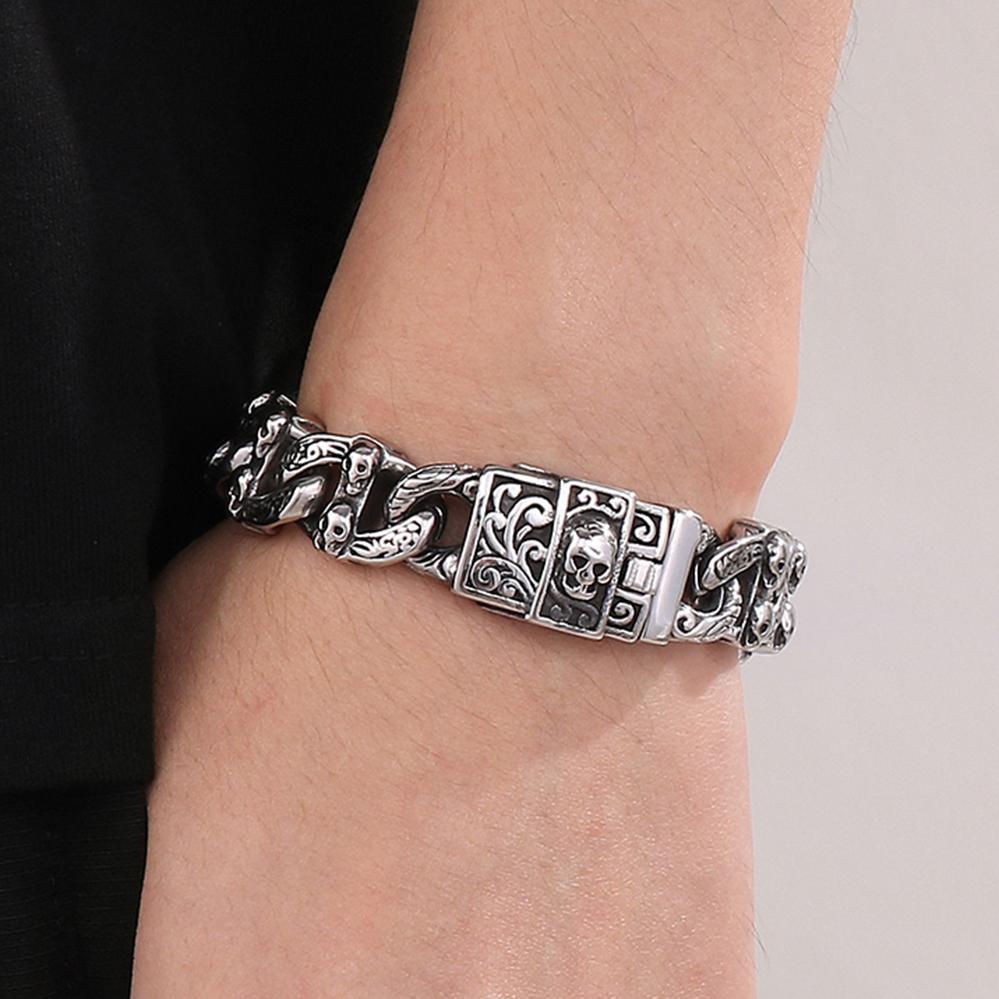 Pánský Cool masivní ocelový náramek s lebkou a tváří v tvář kubánský řetízek pro muže unikátní gotický punk rock šperky příslušenství halloweenské dárky
