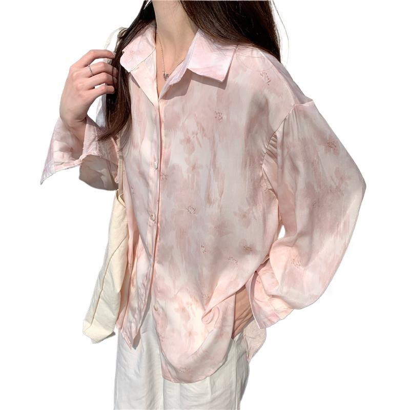 Spring 2025 Women's Pink Tie-Dye Lapel Shirt Top
