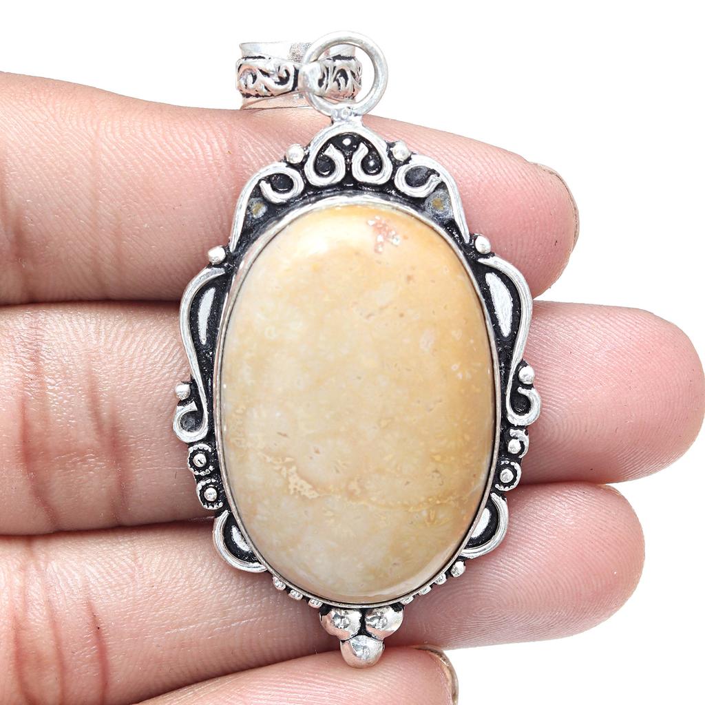 Pendant Fossil Coral Gemstone Handmade Gift For Her Silver Jewelry 2.5"