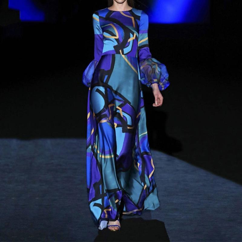 New blue mid-waist temperament commuter dress printed dress S синий