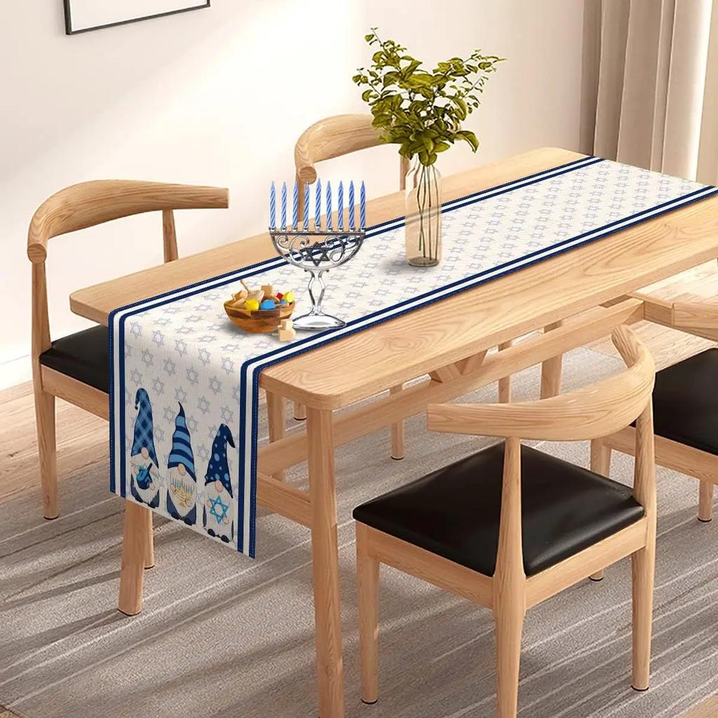 Hanukkah Gnome Linen Table Runner Party Table Decor Chanukah Menorah Star of David Jewish Holiday Table Runners Dining Decor