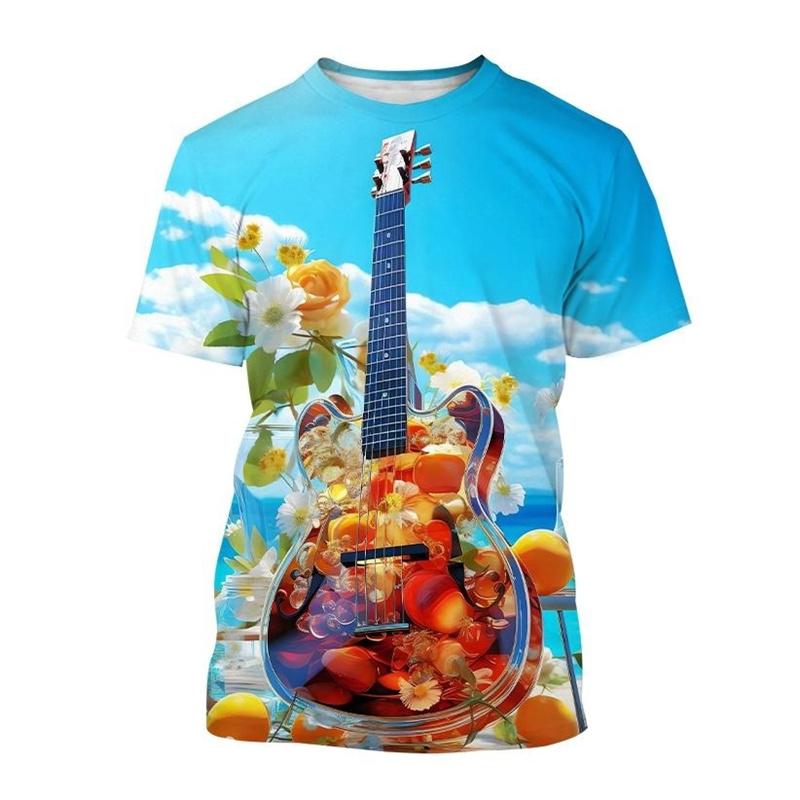 Camiseta con estampado 3D de arte de guitarra creativa, patrón de instrumento musical, camiseta de manga corta con cuello redondo para hombres, camisetas casuales