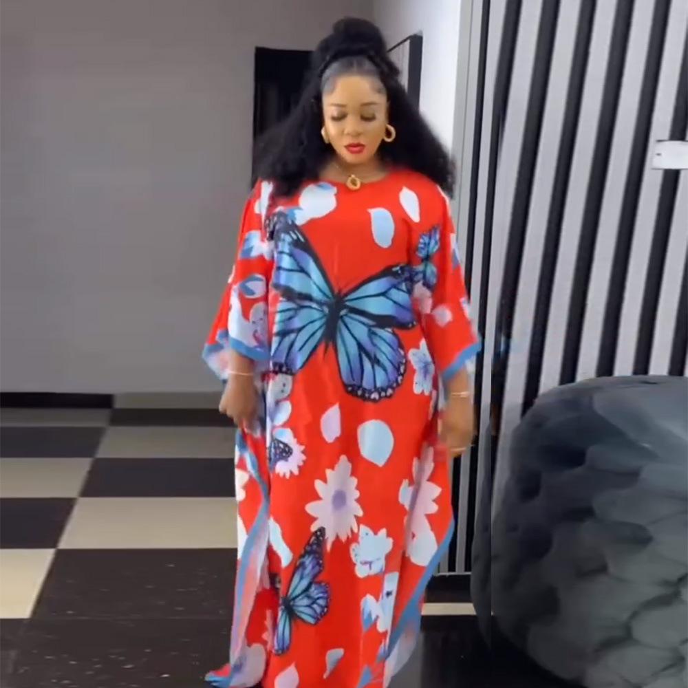 African Batwing Sleeve Chiffon Robe: Loose Plus Size Muslim Women's Printed Dress