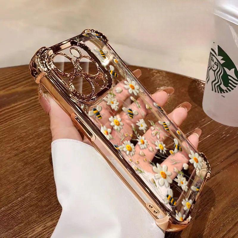 Case For RENO 15F 15 Pro 5G 14F 13F 11F 12F 14 13 11 12 10 Pro Plating Daisy Flowers Shockproof Soft Transparent Cover