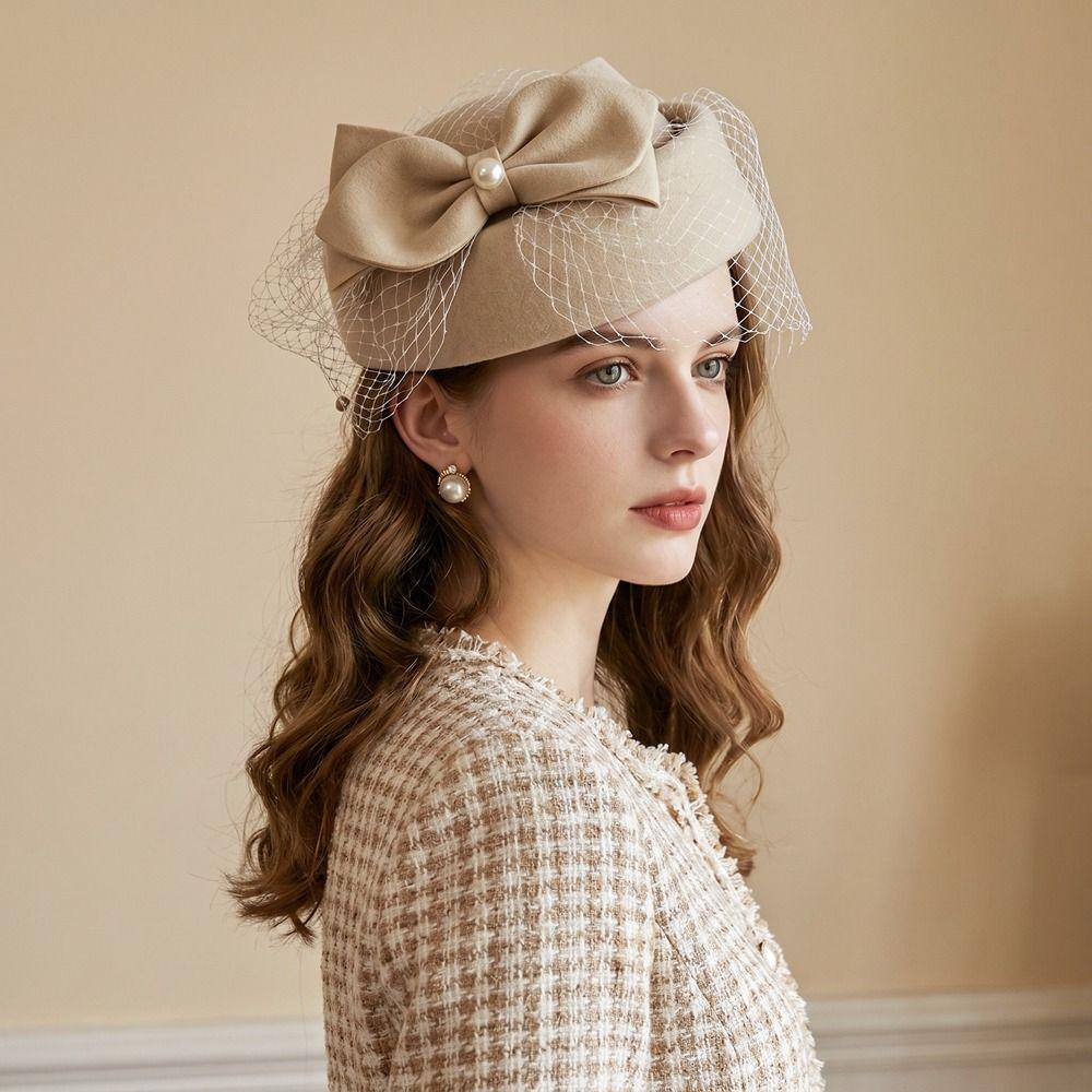 Elegant Bow Fedora Hat French Style Woolen Beret Airline Stewardess Caps Fashion Show
