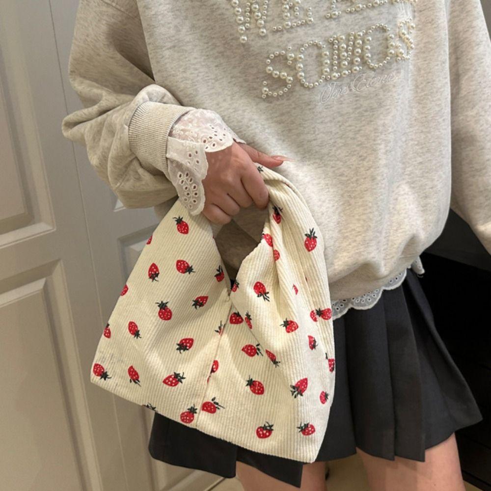 Canvas Cloth Bag Strawberry Printed Underarm Bag Fashion Corduroy Handbag  Mobile Phone Bag