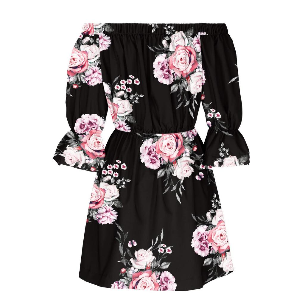 Ladies Casual Sexy One Shoulder Mid Waist Printed Ruffle Sleeve  A-Line Dress